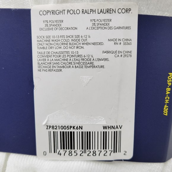 Polo Ralph Lauren Casual Sport Crew Socks White Navy Blue 6-Pack Pair 10-13 - Picture 4 of 4